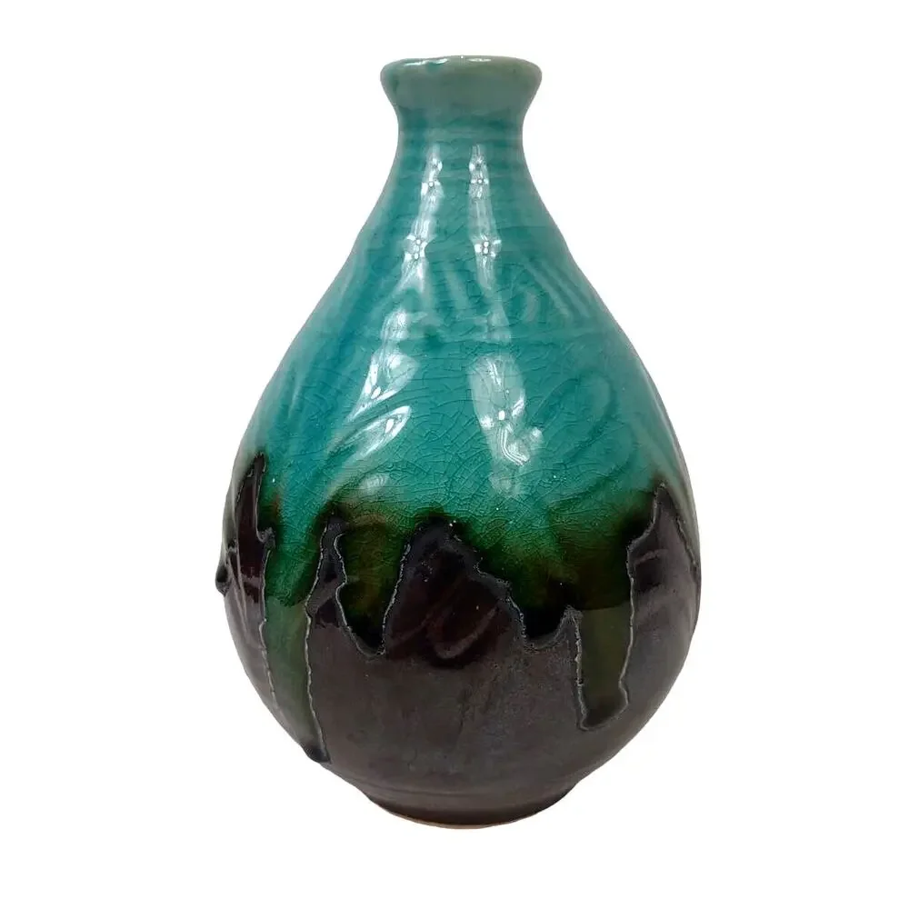 Vintage Art Pottery Drip Glaze Vase w Dragonfly’s Brown Turquoise 71/4” MCM